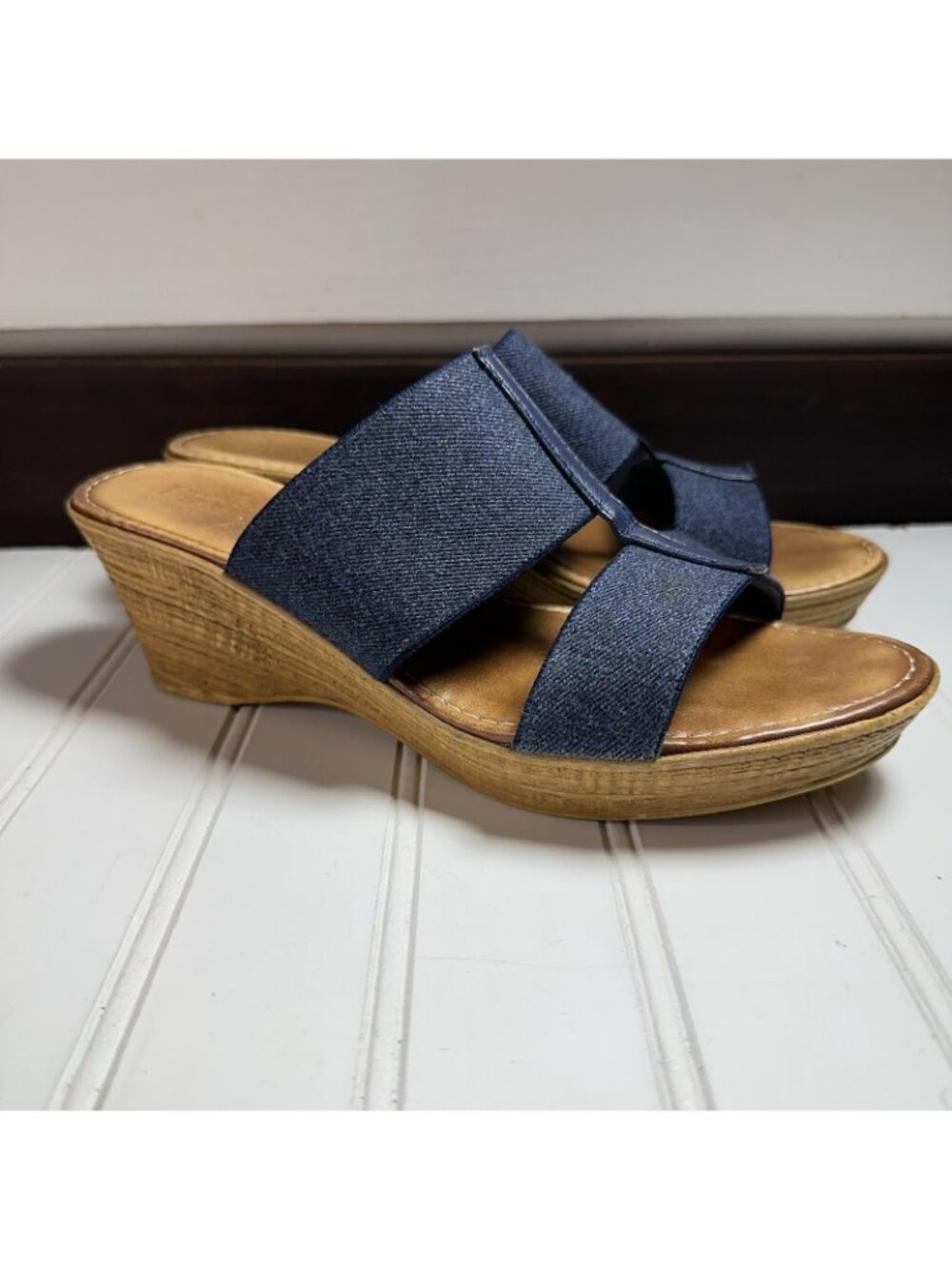 Italian Shoemaker 7.5 Wedge Slip On Open Toe Stretch Elastic Sandals Boho Chic - Picture 3 of 7